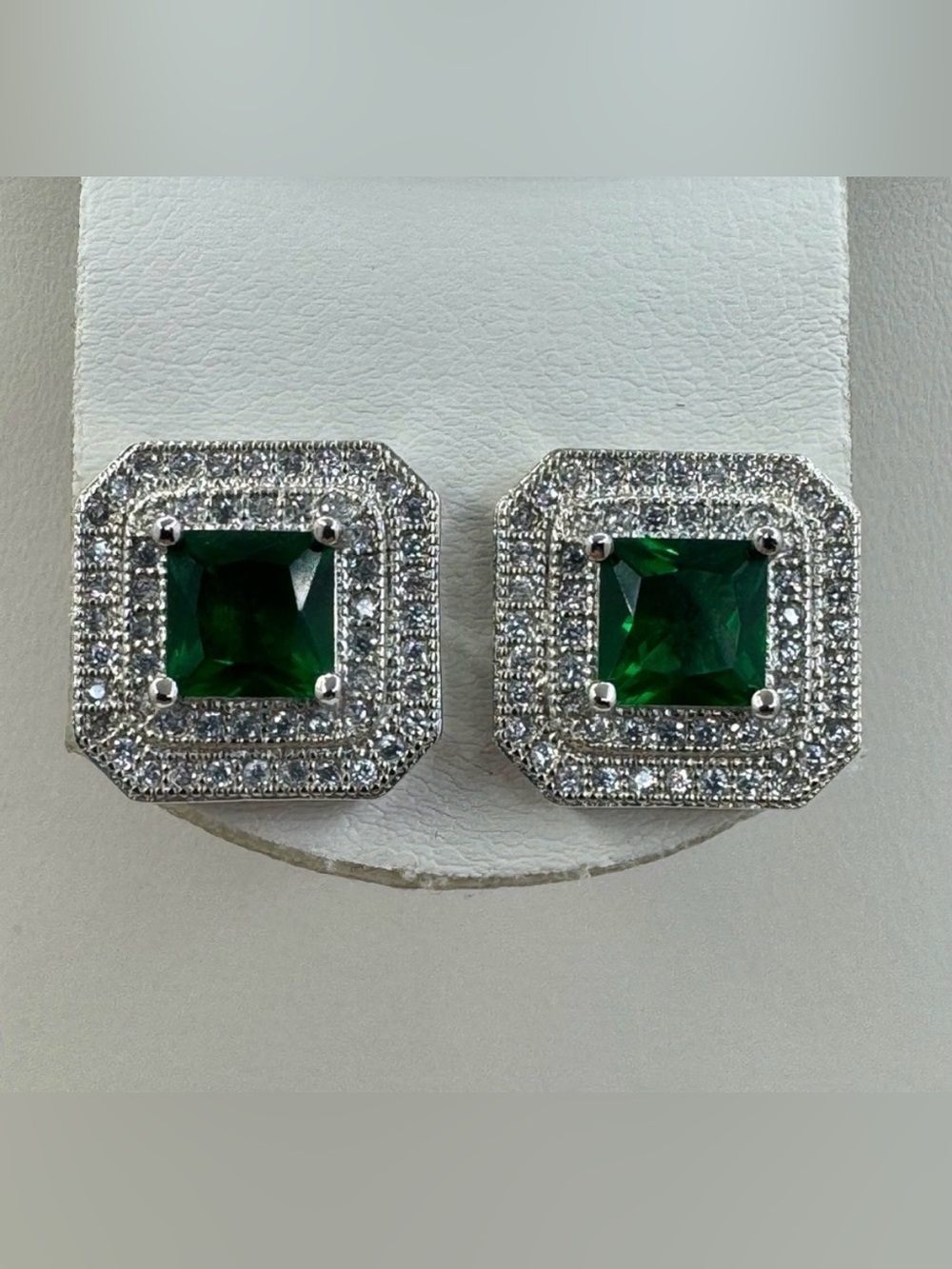 Silver Emerald Green Square CZ Halo Stud Earrings Geometric Elegant